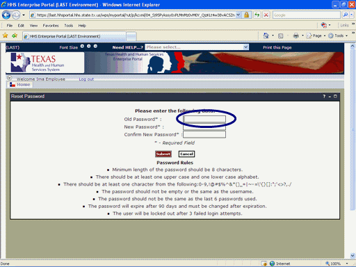 Screen shot of Change Password Page
